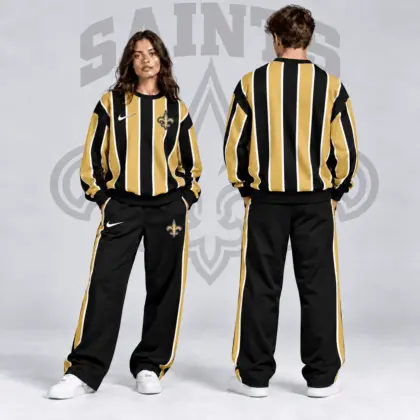 New Orleans Saints | Premium NFL Retro Vertical Pinstripe Crewneck Sweatshirt & Wide Leg Track Pants Set NDN