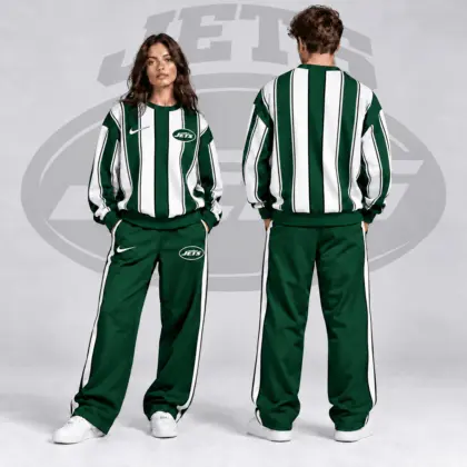 New York Jets | Premium NFL Retro Vertical Pinstripe Crewneck Sweatshirt & Wide Leg Track Pants Set NDN