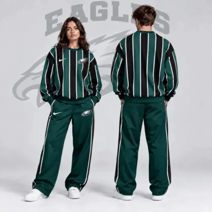 Philadelphia Eagles | Premium NFL Retro Vertical Pinstripe Crewneck Sweatshirt & Wide Leg Track Pants Set NDN
