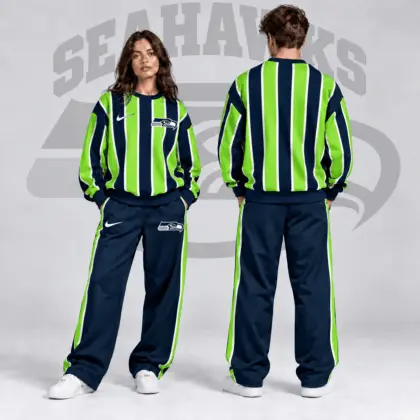 Seattle Seahawks | Premium NFL Retro Vertical Pinstripe Crewneck Sweatshirt & Wide Leg Track Pants Set NDN