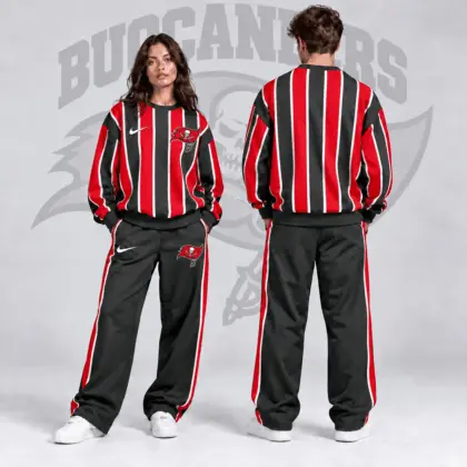 Tampa Bay Buccaneers | Premium NFL Retro Vertical Pinstripe Crewneck Sweatshirt & Wide Leg Track Pants Set NDN