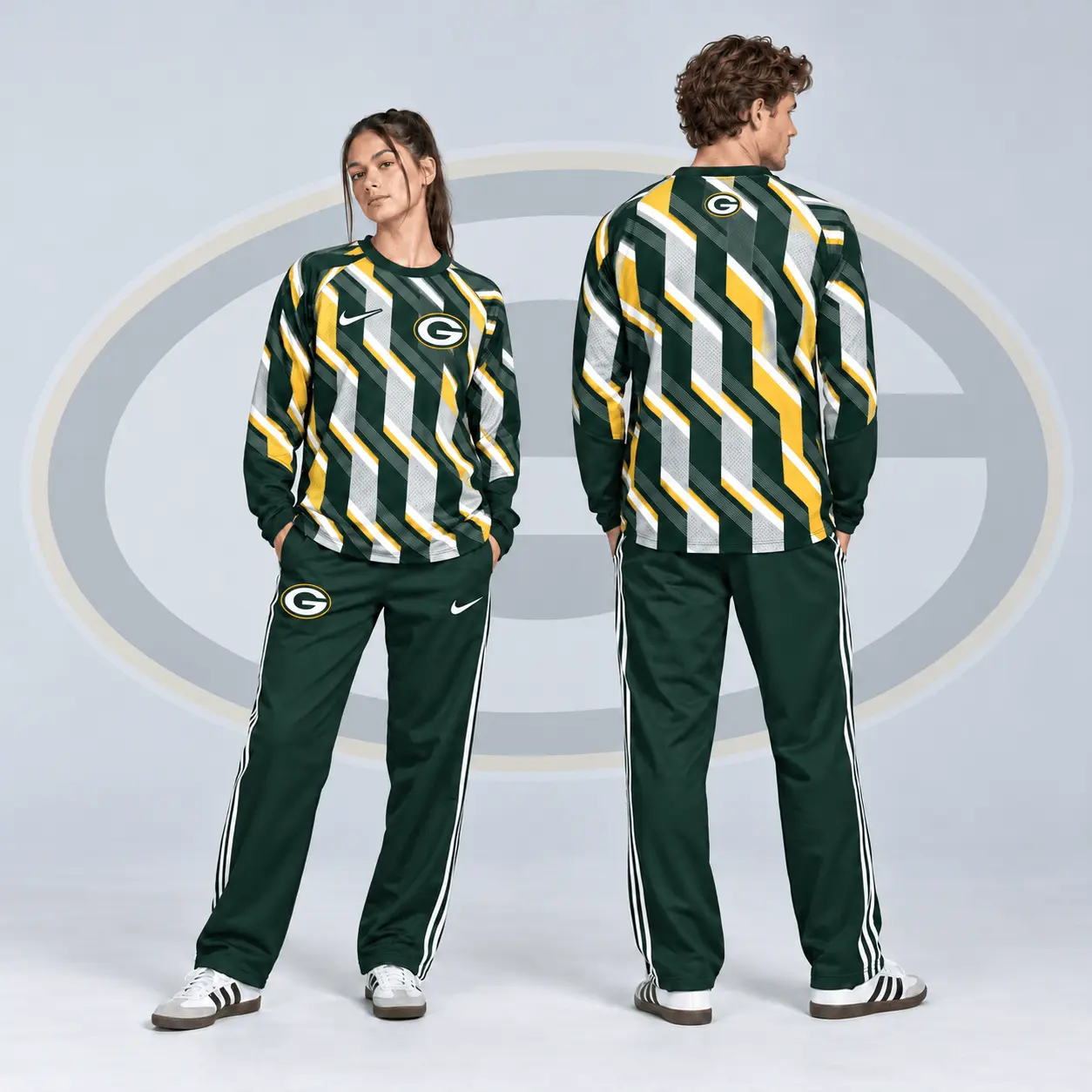 Green Bay Packers | Premium NFL Bold Diagonal Stripe Long Sleeve Crewneck Shirt & Contrast Side Stripe Track Pants Set NDN