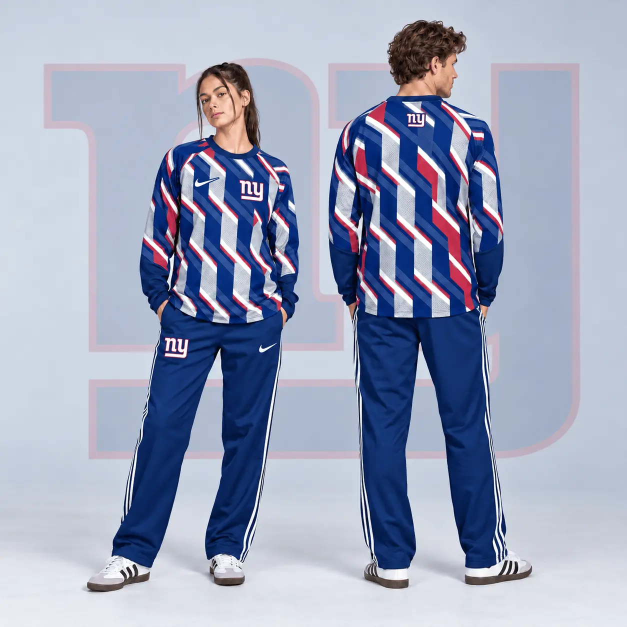 New York Giants | Premium NFL Bold Diagonal Stripe Long Sleeve Crewneck Shirt & Contrast Side Stripe Track Pants Set NDN