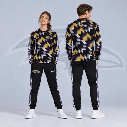 Baltimore Ravens | Premium NFL Abstract Zigzag Camo Long Sleeve Crewneck Shirt & Triple Stripe Jogger Pants Set NDN