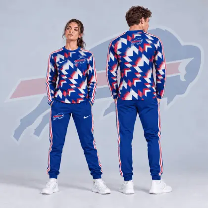 Buffalo Bills | Premium NFL Abstract Zigzag Camo Long Sleeve Crewneck Shirt & Triple Stripe Jogger Pants Set NDN