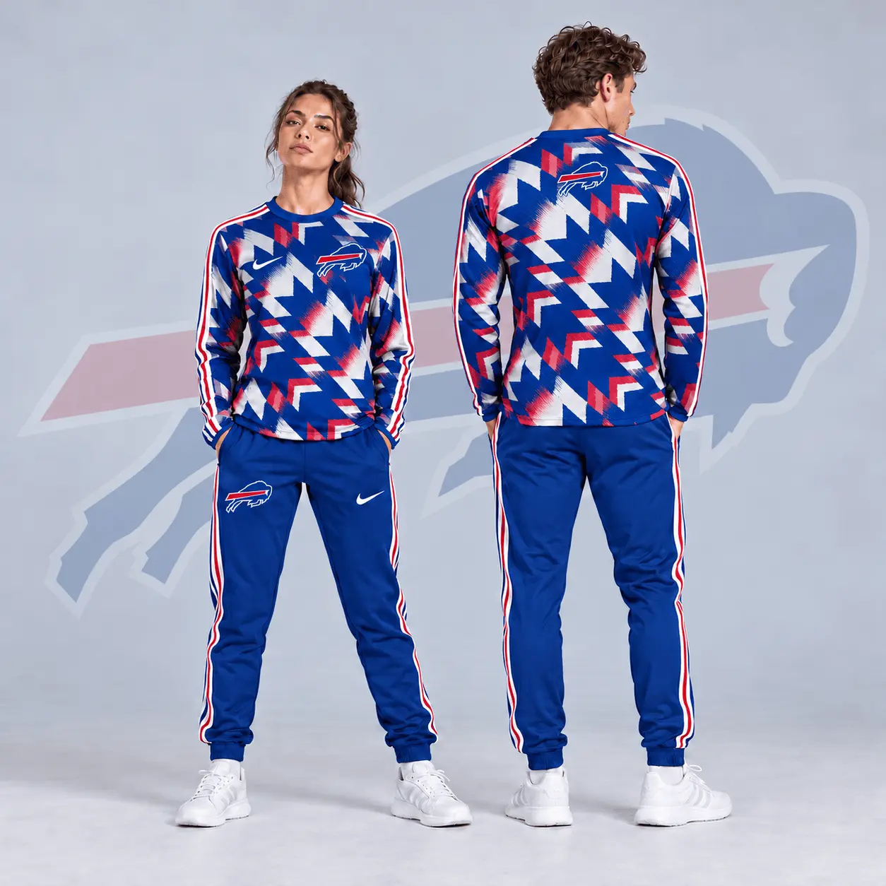Buffalo Bills | Premium NFL Abstract Zigzag Camo Long Sleeve Crewneck Shirt & Triple Stripe Jogger Pants Set NDN