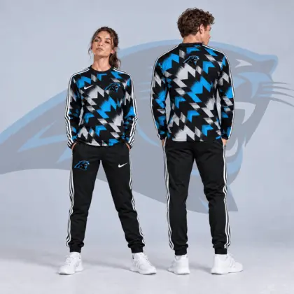Carolina Panthers | Premium NFL Abstract Zigzag Camo Long Sleeve Crewneck Shirt & Triple Stripe Jogger Pants Set NDN