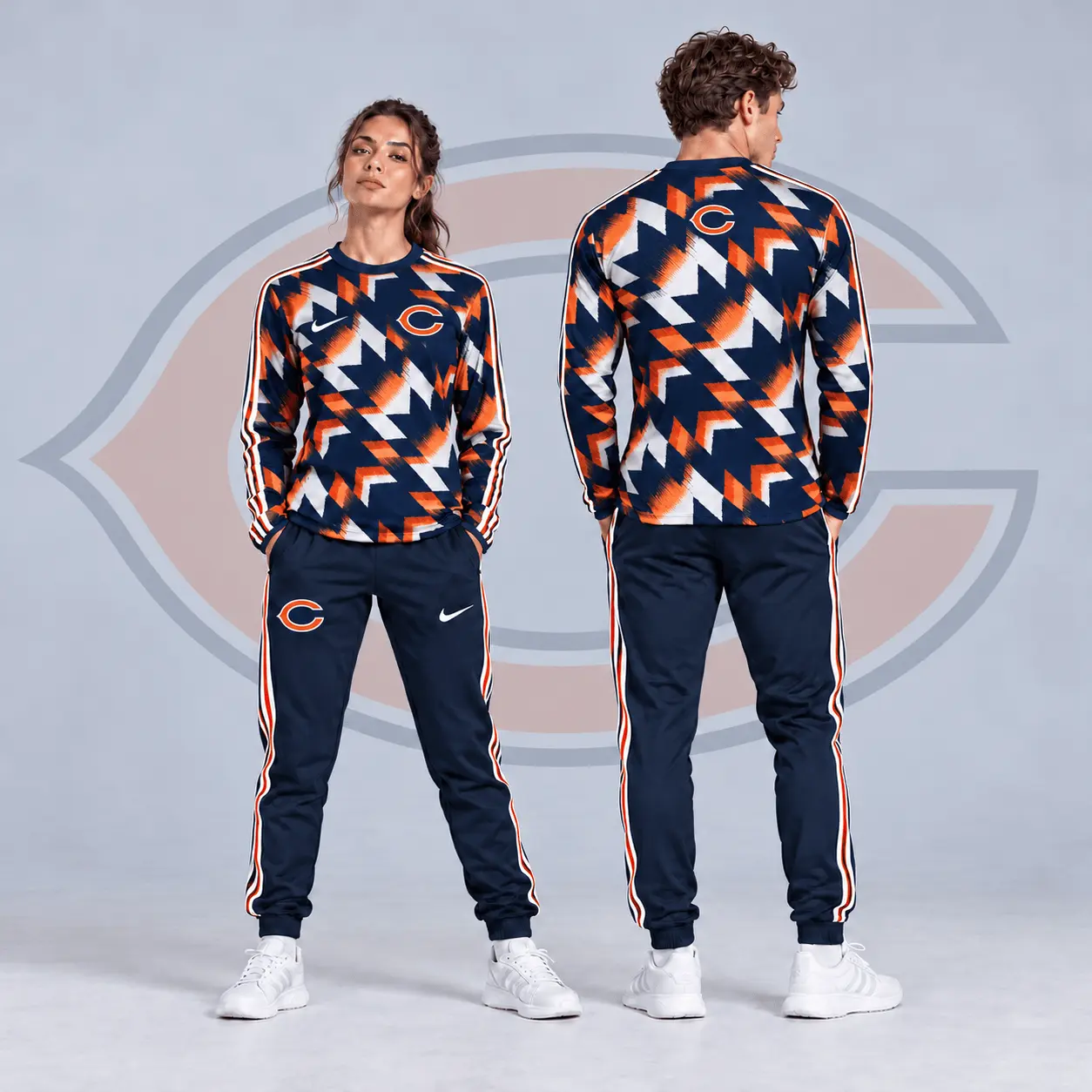 Chicago Bears | Premium NFL Abstract Zigzag Camo Long Sleeve Crewneck Shirt & Triple Stripe Jogger Pants Set NDN