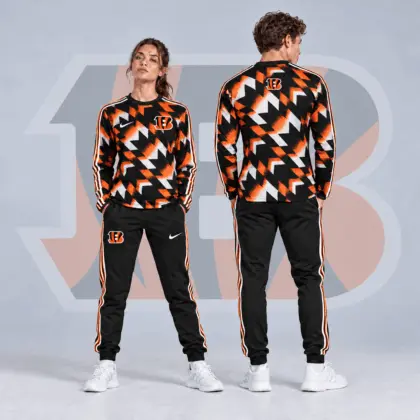 Cincinnati Bengals | Premium NFL Abstract Zigzag Camo Long Sleeve Crewneck Shirt & Triple Stripe Jogger Pants Set NDN