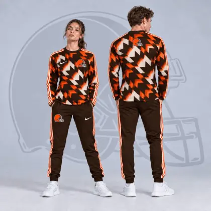 Cleveland Browns | Premium NFL Abstract Zigzag Camo Long Sleeve Crewneck Shirt & Triple Stripe Jogger Pants Set NDN