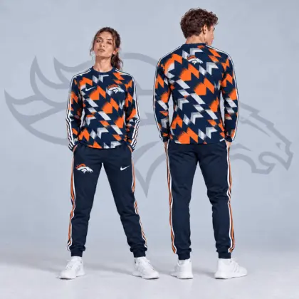 Denver Broncos | Premium NFL Abstract Zigzag Camo Long Sleeve Crewneck Shirt & Triple Stripe Jogger Pants Set NDN