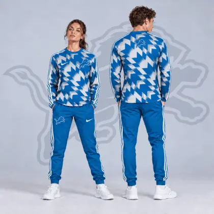 Detroit Lions | Premium NFL Abstract Zigzag Camo Long Sleeve Crewneck Shirt & Triple Stripe Jogger Pants Set NDN