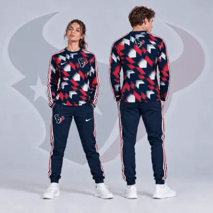 Houston Texans | Premium NFL Abstract Zigzag Camo Long Sleeve Crewneck Shirt & Triple Stripe Jogger Pants Set NDN