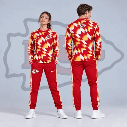 Kansas City Chiefs | Premium NFL Abstract Zigzag Camo Long Sleeve Crewneck Shirt & Triple Stripe Jogger Pants Set NDN