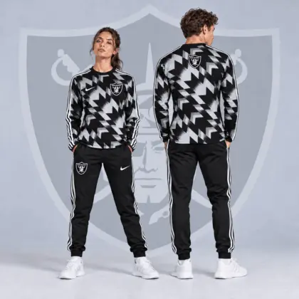 Las Vegas Raiders | Premium NFL Abstract Zigzag Camo Long Sleeve Crewneck Shirt & Triple Stripe Jogger Pants Set NDN