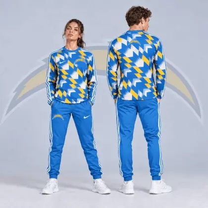 Los Angeles Chargers | Premium NFL Abstract Zigzag Camo Long Sleeve Crewneck Shirt & Triple Stripe Jogger Pants Set NDN