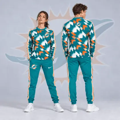 Miami Dolphins | Premium NFL Abstract Zigzag Camo Long Sleeve Crewneck Shirt & Triple Stripe Jogger Pants Set NDN