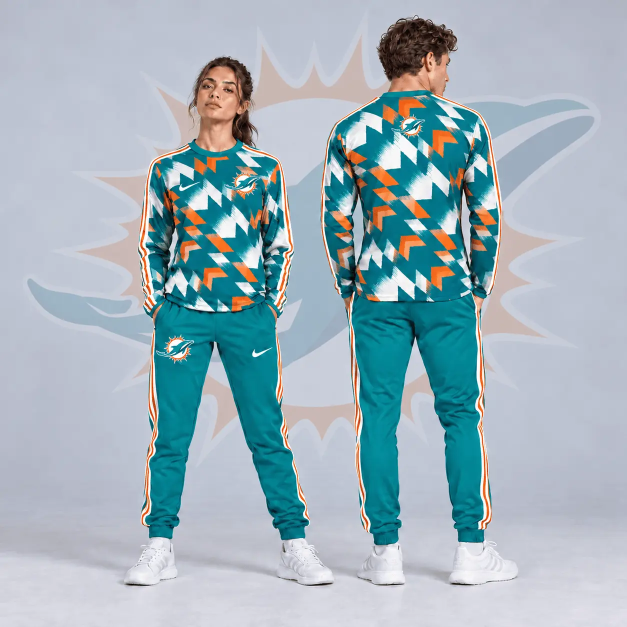 Miami Dolphins | Premium NFL Abstract Zigzag Camo Long Sleeve Crewneck Shirt & Triple Stripe Jogger Pants Set NDN