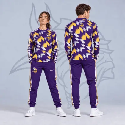 Minnesota Vikings | Premium NFL Abstract Zigzag Camo Long Sleeve Crewneck Shirt & Triple Stripe Jogger Pants Set NDN