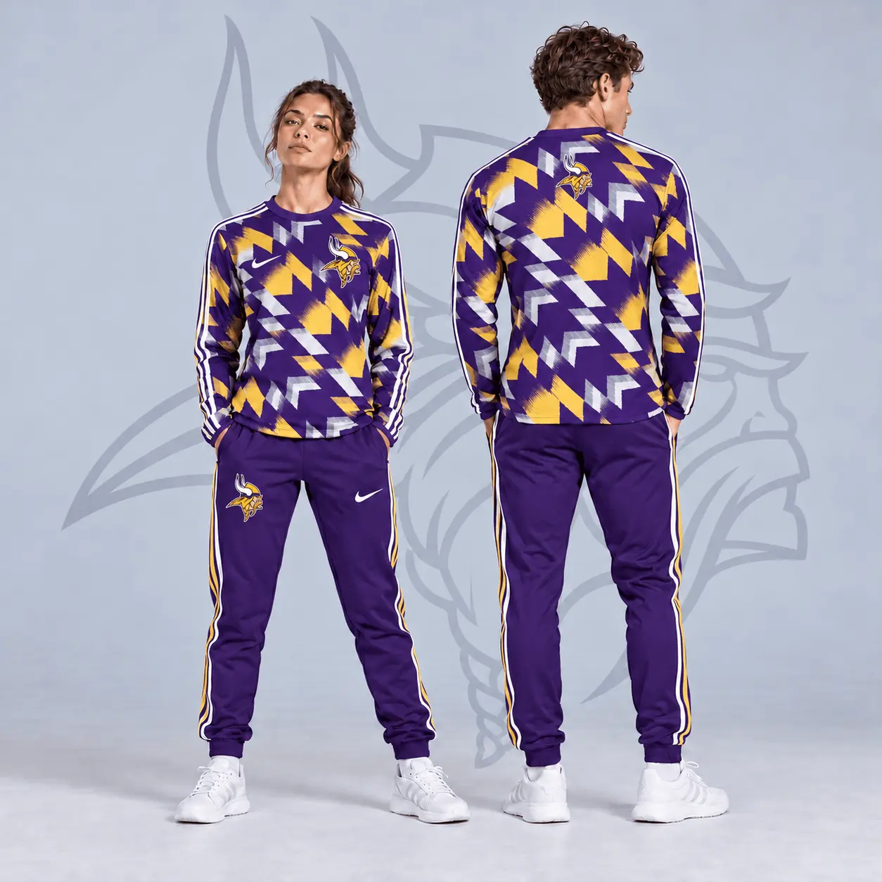 Minnesota Vikings | Premium NFL Abstract Zigzag Camo Long Sleeve Crewneck Shirt & Triple Stripe Jogger Pants Set NDN