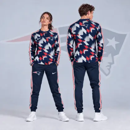 New England Patriots | Premium NFL Abstract Zigzag Camo Long Sleeve Crewneck Shirt & Triple Stripe Jogger Pants Set NDN