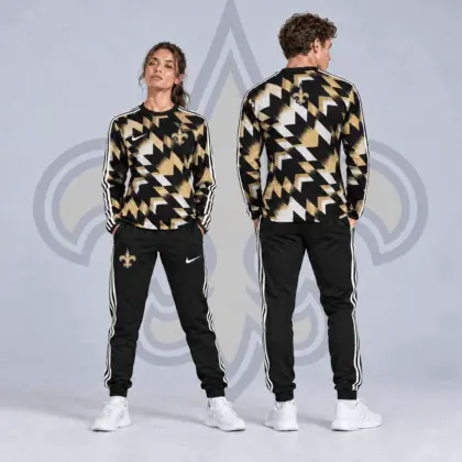 New Orleans Saints | Premium NFL Abstract Zigzag Camo Long Sleeve Crewneck Shirt & Triple Stripe Jogger Pants Set NDN