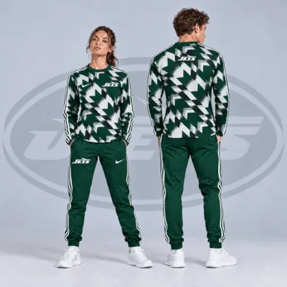 New York Jets | Premium NFL Abstract Zigzag Camo Long Sleeve Crewneck Shirt & Triple Stripe Jogger Pants Set NDN
