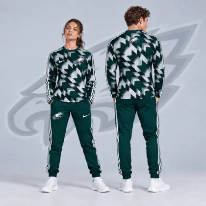 Philadelphia Eagles | Premium NFL Abstract Zigzag Camo Long Sleeve Crewneck Shirt & Triple Stripe Jogger Pants Set NDN