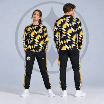 Pittsburgh Steelers | Premium NFL Abstract Zigzag Camo Long Sleeve Crewneck Shirt & Triple Stripe Jogger Pants Set NDN