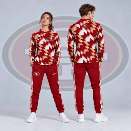 San Francisco 49ers | Premium NFL Abstract Zigzag Camo Long Sleeve Crewneck Shirt & Triple Stripe Jogger Pants Set NDN