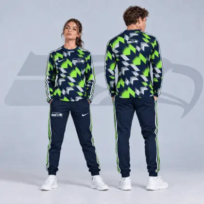 Seattle Seahawks | Premium NFL Abstract Zigzag Camo Long Sleeve Crewneck Shirt & Triple Stripe Jogger Pants Set NDN