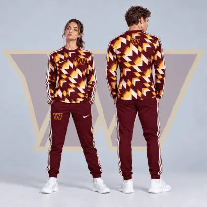 Washington Commanders | Premium NFL Abstract Zigzag Camo Long Sleeve Crewneck Shirt & Triple Stripe Jogger Pants Set NDN