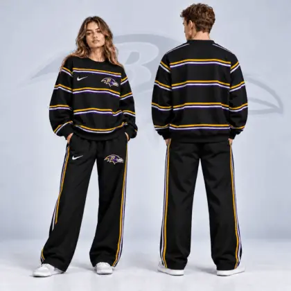 Baltimore Ravens | Premium NFL Classic Horizontal Racing Stripe Crewneck Sweatshirt & Wide Leg Track Pants Set NDN