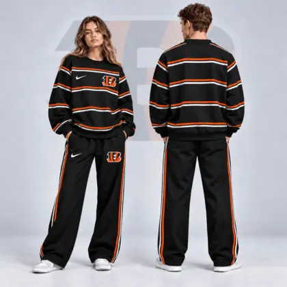 Cincinnati Bengals | Premium NFL Classic Horizontal Racing Stripe Crewneck Sweatshirt & Wide Leg Track Pants Set NDN