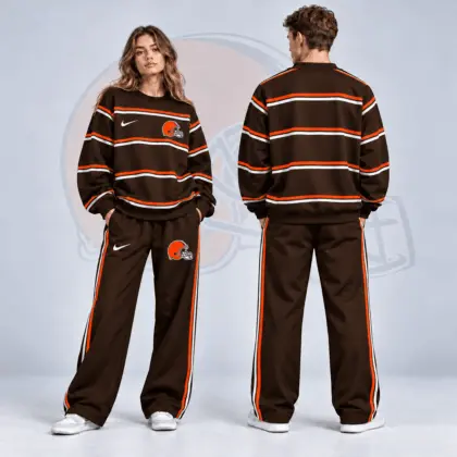 Cleveland Browns | Premium NFL Classic Horizontal Racing Stripe Crewneck Sweatshirt & Wide Leg Track Pants Set NDN