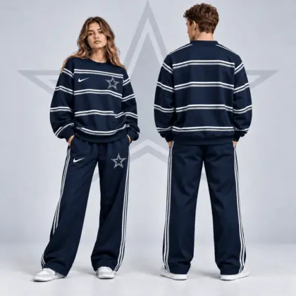 Dallas Cowboys | Premium NFL Classic Horizontal Racing Stripe Crewneck Sweatshirt & Wide Leg Track Pants Set NDN