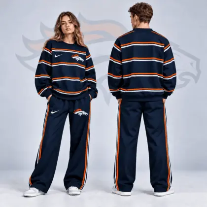 Denver Broncos | Premium NFL Classic Horizontal Racing Stripe Crewneck Sweatshirt & Wide Leg Track Pants Set NDN