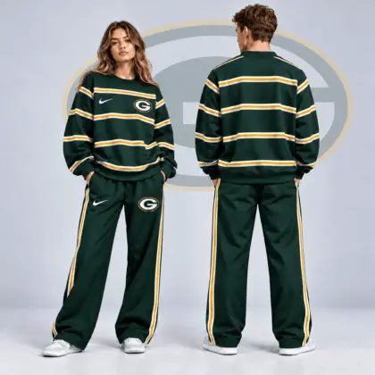 Green Bay Packers | Premium NFL Classic Horizontal Racing Stripe Crewneck Sweatshirt & Wide Leg Track Pants Set NDN
