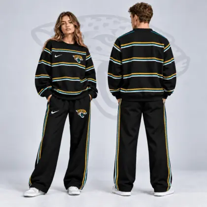 Jacksonville Jaguars | Premium NFL Classic Horizontal Racing Stripe Crewneck Sweatshirt & Wide Leg Track Pants Set NDN
