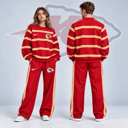 Kansas City Chiefs | Premium NFL Classic Horizontal Racing Stripe Crewneck Sweatshirt & Wide Leg Track Pants Set NDN