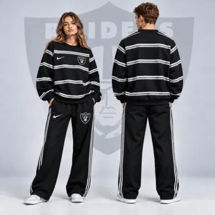 Las Vegas Raiders | Premium NFL Classic Horizontal Racing Stripe Crewneck Sweatshirt & Wide Leg Track Pants Set NDN