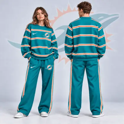 Miami Dolphins | Premium NFL Classic Horizontal Racing Stripe Crewneck Sweatshirt & Wide Leg Track Pants Set NDN