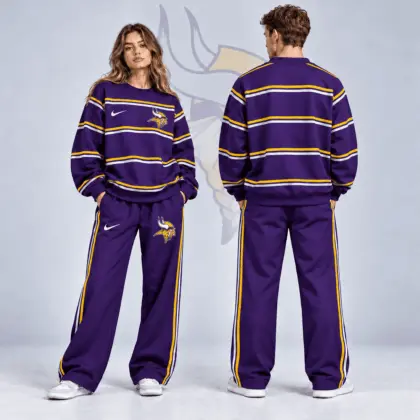 Minnesota Vikings | Premium NFL Classic Horizontal Racing Stripe Crewneck Sweatshirt & Wide Leg Track Pants Set NDN