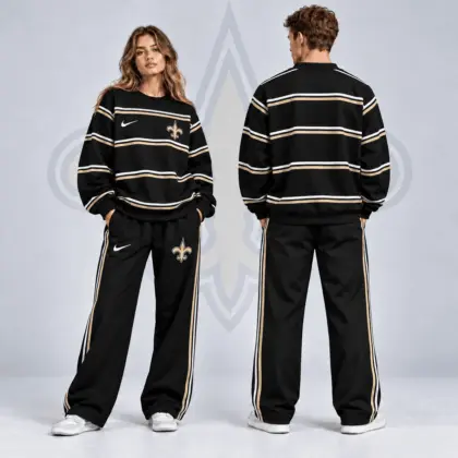 New Orleans Saints | Premium NFL Classic Horizontal Racing Stripe Crewneck Sweatshirt & Wide Leg Track Pants Set NDN