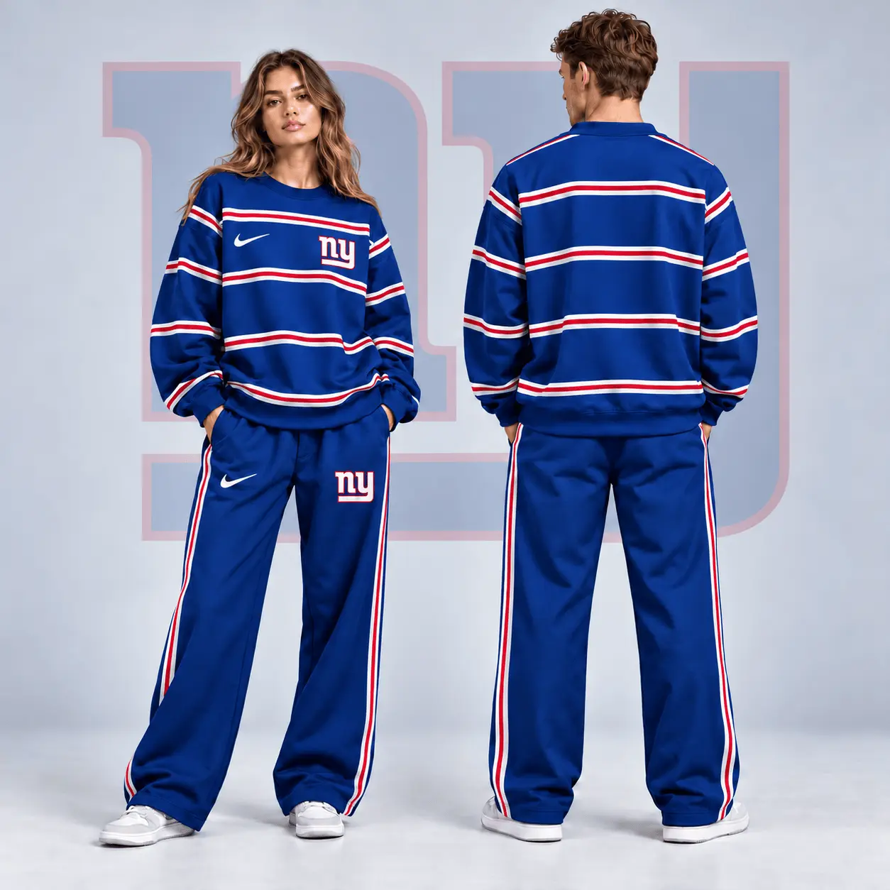 New York Giants | Premium NFL Classic Horizontal Racing Stripe Crewneck Sweatshirt & Wide Leg Track Pants Set NDN