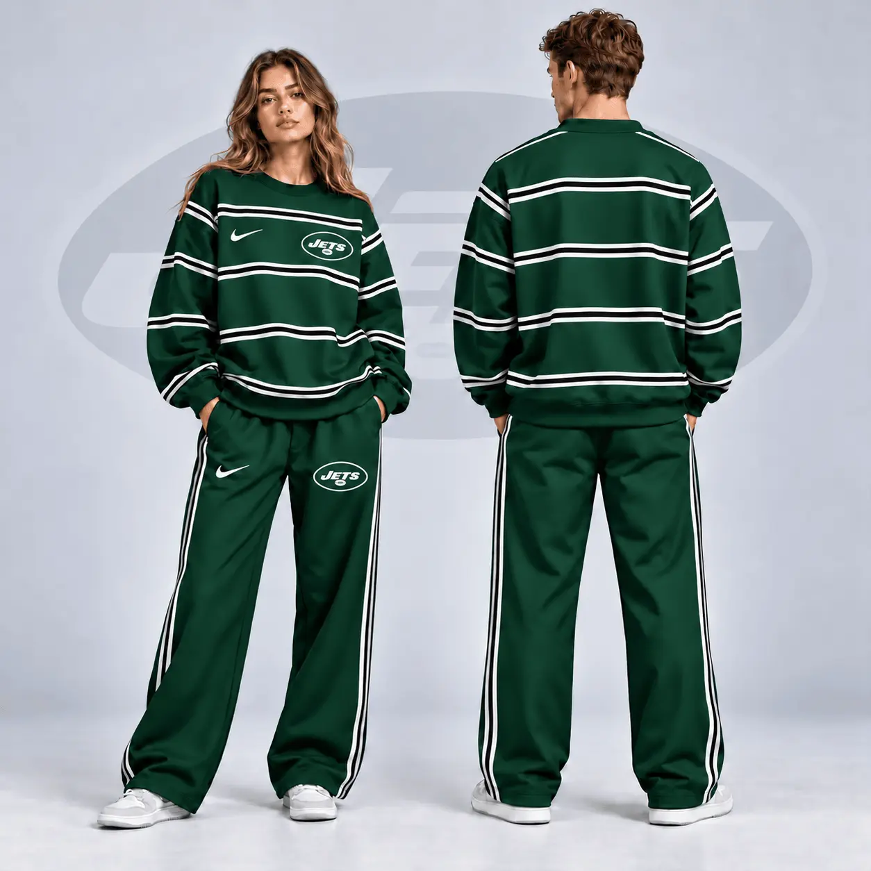 New York Jets | Premium NFL Classic Horizontal Racing Stripe Crewneck Sweatshirt & Wide Leg Track Pants Set NDN