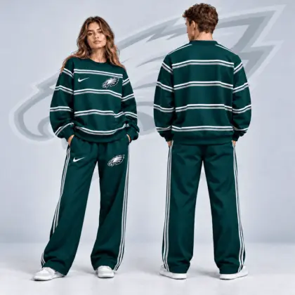 Philadelphia Eagles | Premium NFL Classic Horizontal Racing Stripe Crewneck Sweatshirt & Wide Leg Track Pants Set NDN