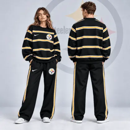Pittsburgh Steelers | Premium NFL Classic Horizontal Racing Stripe Crewneck Sweatshirt & Wide Leg Track Pants Set NDN