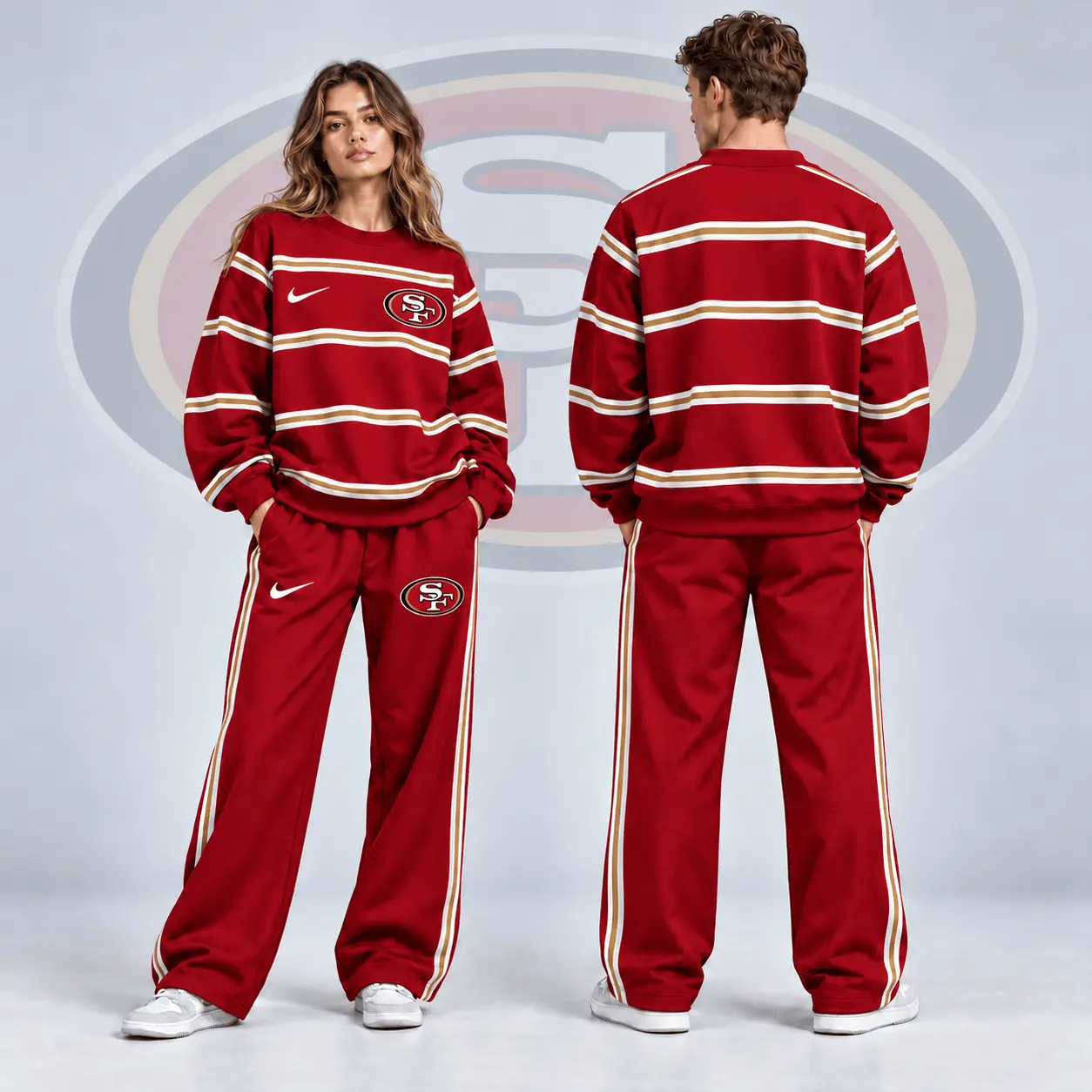 San Francisco 49ers | Premium NFL Classic Horizontal Racing Stripe Crewneck Sweatshirt & Wide Leg Track Pants Set NDN