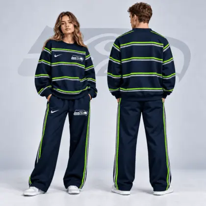 Seattle Seahawks | Premium NFL Classic Horizontal Racing Stripe Crewneck Sweatshirt & Wide Leg Track Pants Set NDN